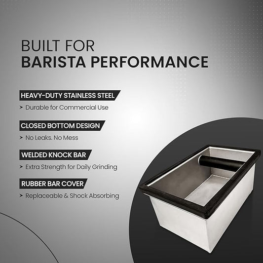 Rattleware Stainless Steel Heavy-Duty Knock Box Chute – Durable Espresso Puck Disposal Bin with Welded Rubber Bar – Fits Coffee Stations, Café, Restaurant, Hotel, or Home Use (9.25"x5.5"x4")