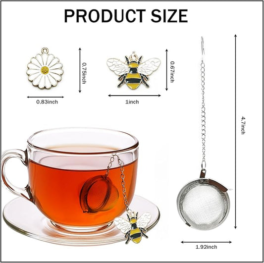 2 Pack Stainless Steel Tea Infuser with Sunny Yellow Bee & Blossom Charm - Handmade Mesh Tea Ball Strainers for Loose Leaf Tea, Elegant Tea Diffusers for Loose Tea Tea Accessories