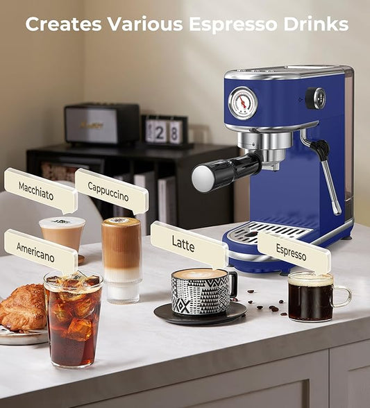 20 Bar Espresso Machine with Milk Frother, Compact Espresso Maker, Stainless Steel Coffee Machine with Precise Temp Control & 44oz Removable Water Tank for Latte, Cappuccino, Dark Blue