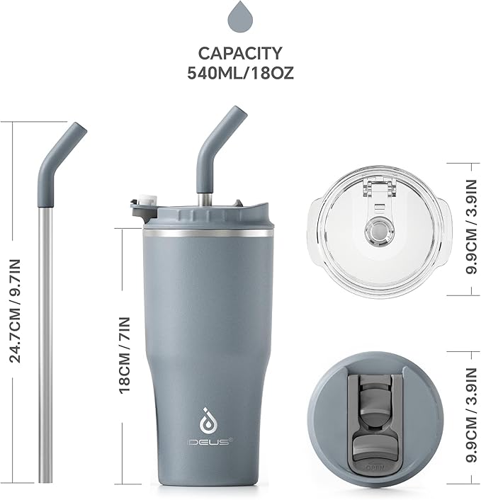 Ideus Insulated Tumbler with Lid and Straw 18 oz, Stainless Steel Double-Wall Vacuum Leak-Proof Travel Coffee Mug, Cup Holder Friendly, Ultimate Gray