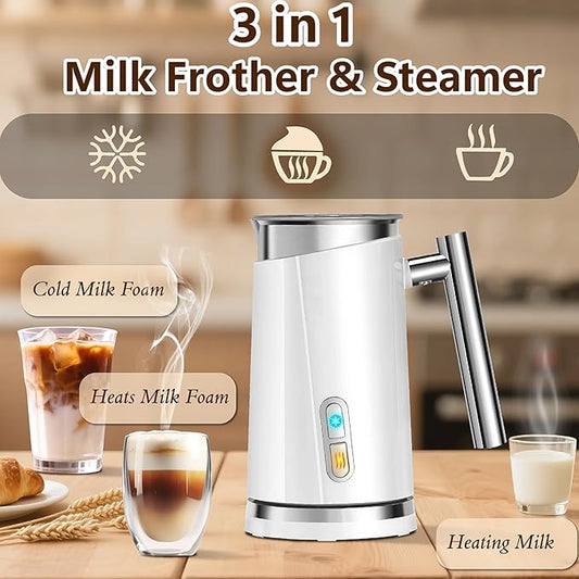 Milk Frother and Steamer, Non-Slip Stylish Design, Hot & Cold Milk Steamer with Temperature Control, Auto Shut-Off Frother for Coffee, Latte, Cappuccino, Macchiato (white)