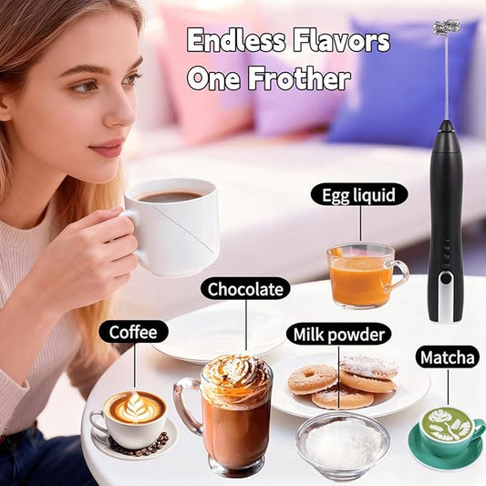 Rechargeable Milk Frother Handheld,Kitchen Essentials Hand Mixer with 3 Stainless Whisks Heads,Electric Whisk Frother for Latte, Cappuccino,Matcha, Egg, Milk Powder,with Stand (black)