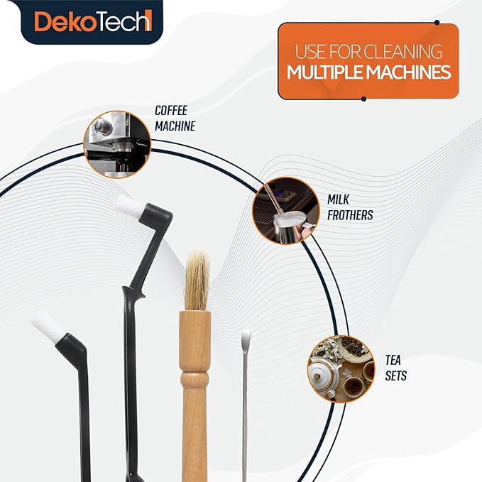 Dekotech Coffee Machine Cleaning Brush Set – 4-Piece Kit with Wooden Handle and Nylon Bristles for Espresso Grinders, Group Heads & Coffee Machines