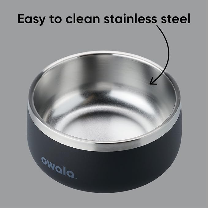 Owala Pet Bowl - Durable Stainless Steel, Food and Water Bowl for Dogs, Cats, and All Pets, Non-Slip Base, 24oz, Black (Very, Very Dark)