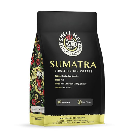Bones Coffee Company Sumatra Single-Origin, Dark Chocolate, Smoky, Earthy Notes, Ground Coffee Beans, Low Acid Dark Roast Arabica Beans Flavored Coffee, 12 oz Ground
