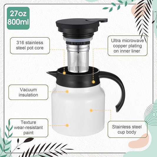 2 Pcs Thermal Coffee Carafe for Keeping Hot/Cold Stainless Steel Small Coffee Creamer Container Double Wall Vacuum Insulated Tea pot Beverage Dispenser for Milk Hot Chocolates (White,27 oz)
