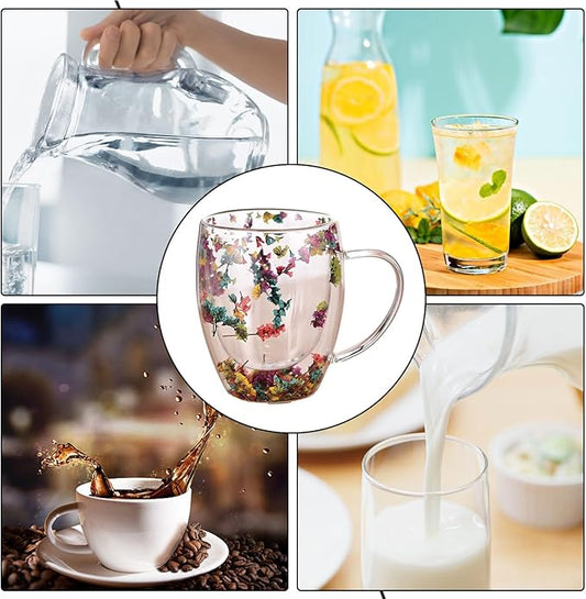 Camyu Artistic Glass Espresso Cup, 350ml Double Wall Insulated Glass Coffee Mugs, Anti-Scald Thick Expresso Coffee Cups With Dried Flowers For Hot Beverages