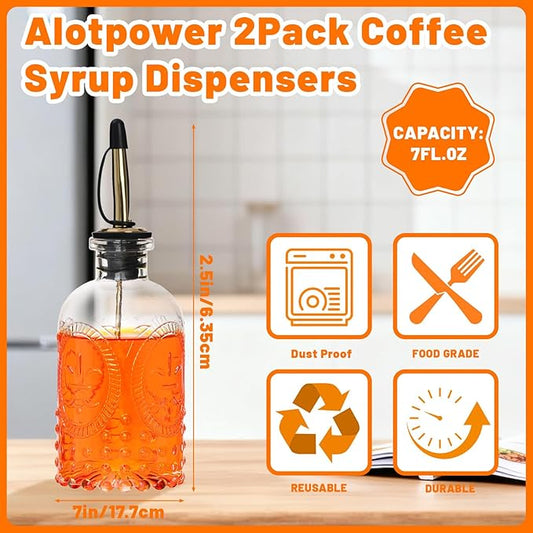 7oz Glass Coffee Syrup Dispenser, 2-Pack Complete Set with Funnel, Brush, Stoppers & Accessories - Syrup Bottles for Coffee Bar with Metal Pour Spout, Ideal for Maple,Oil, Vinegar,Cooking wine