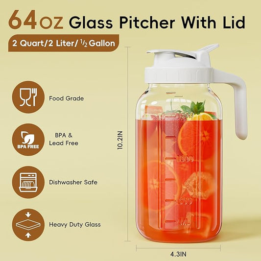 Glass Mason Jar Pitcher, 64 oz Wide Mouth Jug with Pour Spout Handle Lid for Cold Brew Coffee, Ice Beverage, Iced Juice, Lemonade, Sun Tea, Fruit Drinks Container(White)