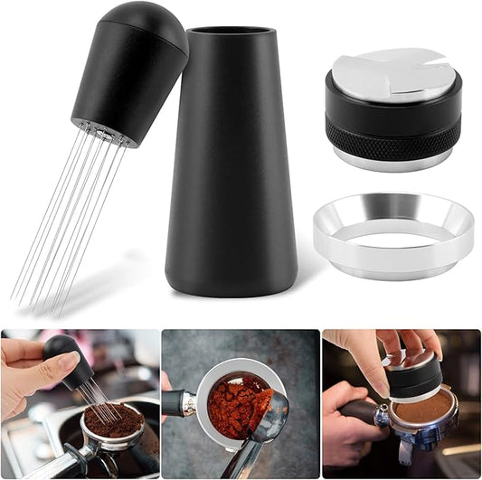 51mm Espresso Accessories Kit, 2-in-1 Coffee Distributor and Tamper Leveler, WDT Tool and Dosing Funnel Set Fits 51 mm Espresso Machines and Portafilters(SIZE:51mm)