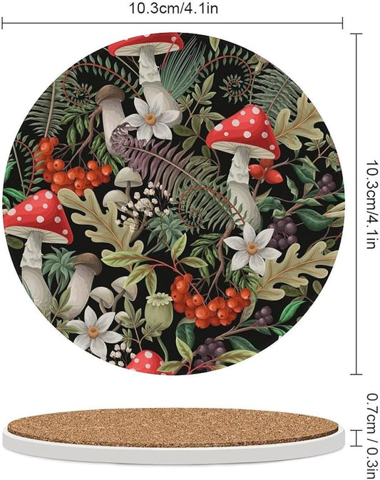 Round-6PCS Botanical Drink Coasters, Round Modern Ceramic Absorbent Coasters, Wild Floral Botanical Mushroom Nature Plants Herbs Decor Desk Coffee Table Coaster for Beverage Cup Tea Coasters