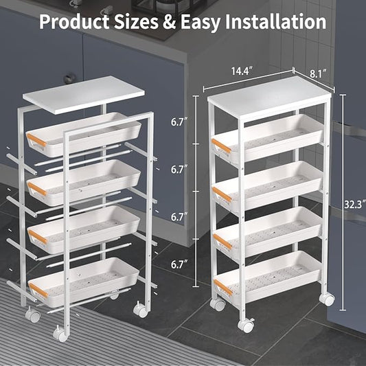 5 Tier Slim Rolling Utility Cart with Drawers Pull-Out Design Slim Storage Cart with Metal Frame and Wooden Top for Narrow Space in Home Kitchen Bathroom White (Width 8.1 Inches)