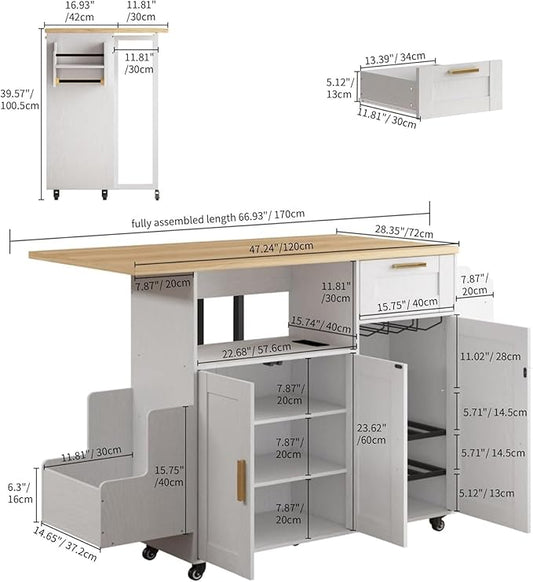 Rolling Mobile Kitchen Island with Storage and Drop Leaf on Wheels, 67" Desk Island for Kitchen with Power Socket and Drawer, Mobile Portable Carts with Spice Rack and Towel Rack (White, Model 3)