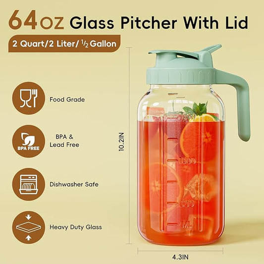 Glass Mason Jar Pitcher, 64 oz Wide Mouth Jug with Pour Spout Handle Lid for Cold Brew Coffee, Ice Beverage, Iced Juice, Lemonade, Sun Tea, Fruit Drinks Container(Green)