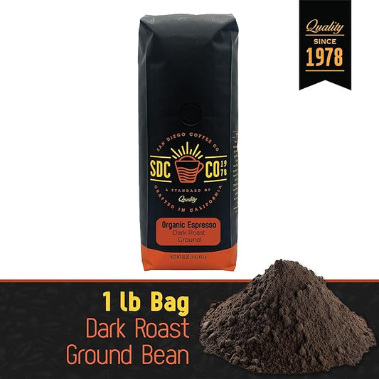 San Diego Coffee Organic Espresso, Dark Roast, Ground Coffee, 16-Ounce Bag Café molido tostado