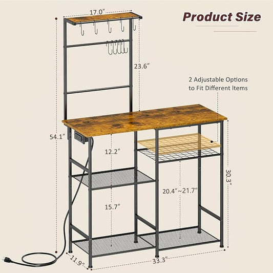 Bakers Rack with Power Outlet, Kitchen Microwave Stand with 10 S-shaped Hooks, 6-Tier Coffee Bar Station, Kitchen Storage Shelf Rack for Spices, Pots, Rustic Brown