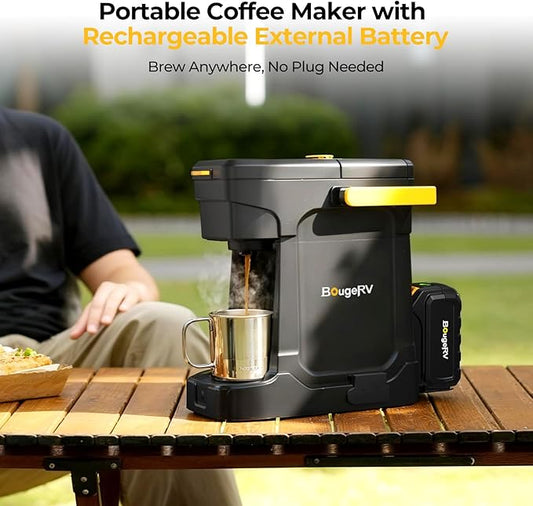 BougeRV Coffee Machine with 18V 8Ah Battery Powered Compatible with K Cup Coffee Pods & Ground, Cordless Coffee Maker for Travel Camping Outdoor Worker Home