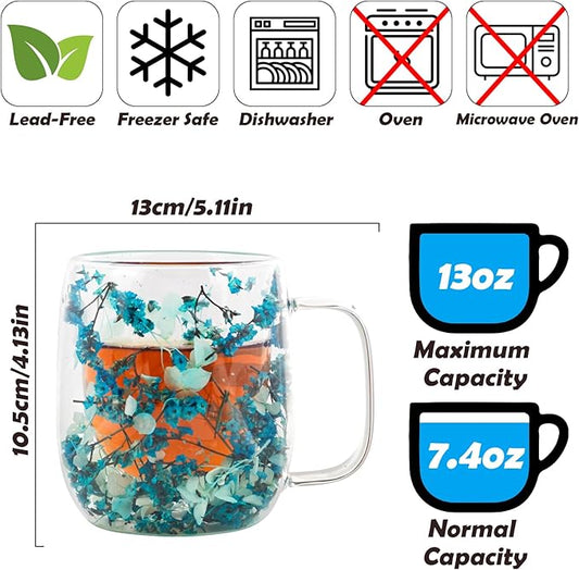 Real Flower Glass Tea Cup, Double Wall Borosilicate Coffee Mug with Preserved Flowers, Clear Aesthetic Floral Glassware, Romantic Gift for Women, Mom, Girlfriend, Mother’s Day & Women’s Day