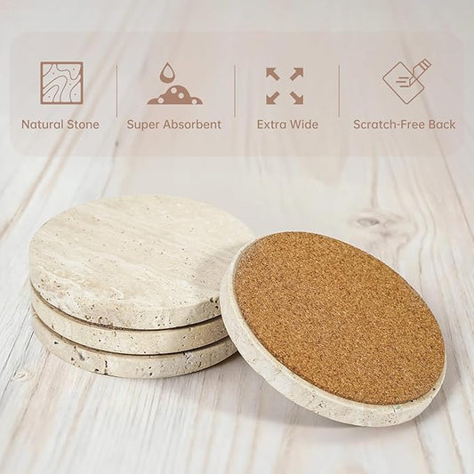 4-Inch Beige Travertine Coasters Set of 4 - Natural Limestone Absorbent Drink Coasters with Non-Slip Cork Backing, Protect Countertops from Stains and Scratches