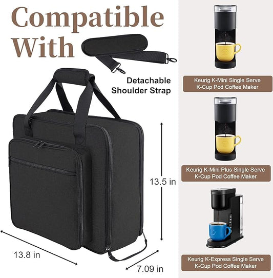 Portable Carrying Coffee Maker Travel Bag Match for Keurig K-Mini/K-Mini Plus/K-Express, Single Serve Coffee Machine Travel Bag with Padded Shoulder Straps Includes Multiple Storage Bags, Black