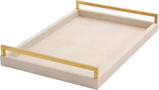 WV Ivory Shagreen Leather Serving Tray with Gold Handles-17.7x11.8 Inch Large Wooden Decorative Ottoman Tray fro Coffee Table, Kitchen, Dining, and Home Decor (Ivory)