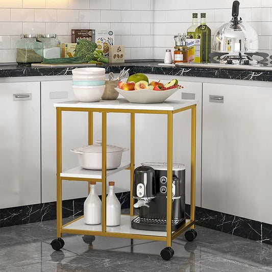 SogesHome Gold Bar Cart, Utility Bar Serving Cart Kitchen Island Rolling Cart on Wheels with Shelves for Living Room, Office, Coffee