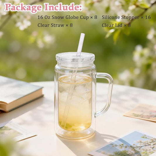 8 Pack 16 Oz Snow Globe Tumbler with Handle, Acrylic Snow Globe Cups with Pre-drilled Hole and Plug, Double Wall Reusable Clear Plastic Travel Coffee Mug for Snowglobe Glitter DIY Gift (Clear)