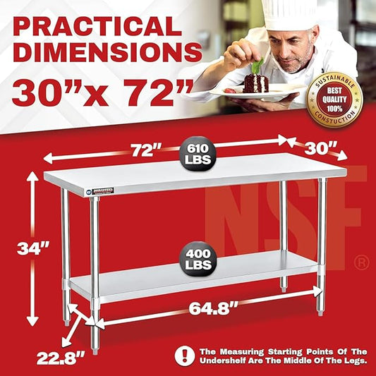 DuraSteel 30x72 Stainless Steel Work Table - NSF Commercial Prep Metal Table - Outdoor Pizza Oven Stand w/Under Shelf - Kitchen Island Laundry Utility Garage Microwave Stand Large Rolling Storage Cart