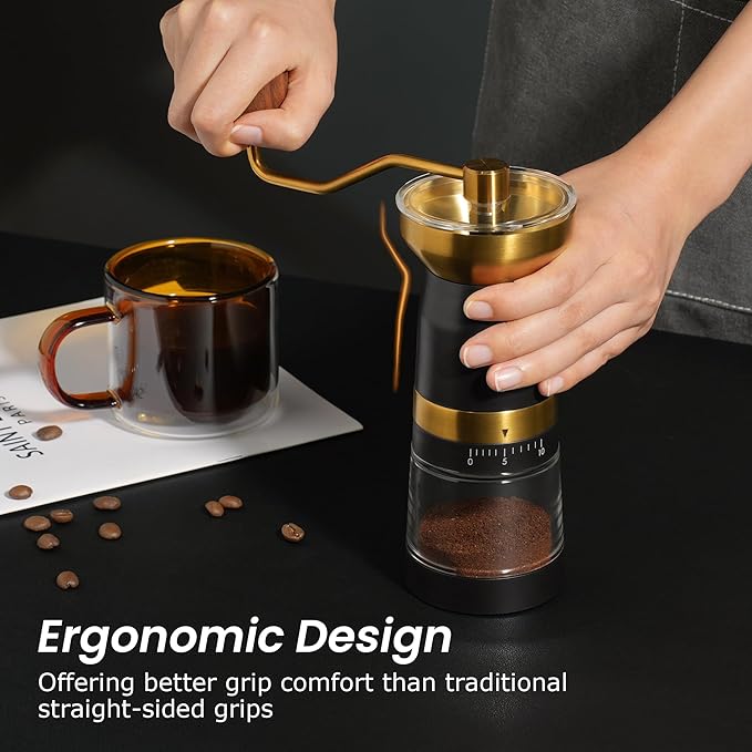 VEVOK CHEF Manual Coffee Grinder 10 External Adjustment Fashion Bean Grinder Stainless Steel Double Bearing Conical Burr Portable Hand Coffee Mill for Home,Camping,Gold