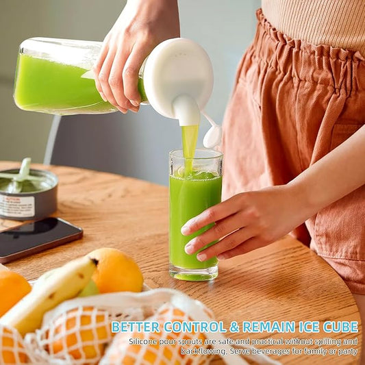 Glass Pitcher, 1 Liter Carafe for Mimosa Bar, 2 Pcs, Square Pitcher with Lid and Spout, Juice Container for Fridge, Cold Brew, Milk, Water Dispenser, Tea, Creamer, Sangria (3 Lids & 2 Spouts)