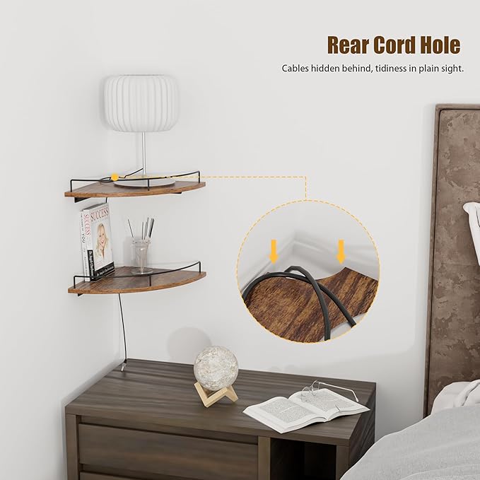 Corner Floating Shelves, Rustic Brown Wood, Set of 2, Wall Mount Storage with Guardrail for Bathroom Kitchen Living Room