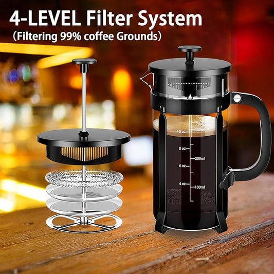 YMMIND French Press Coffee Maker 304 Stainless Steel Coffee Press,with 4 Filters System, Heat Resistant Thickness Borosilicate French Press Glass, BPA-Free Brewed Tea Pot Coffee Plunger(Copper 12oz)