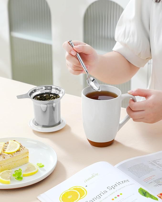 MALACASA Ceramic Tea Mug with Lid and Stainless Steel Infuser, 18 oz Large Tea Cup for Loose Leaf Tea, Heat-Resistant, Microwave & Dishwasher Safe, Speckled Glaze Coffee & Tea Brewer Mug, Khaki White