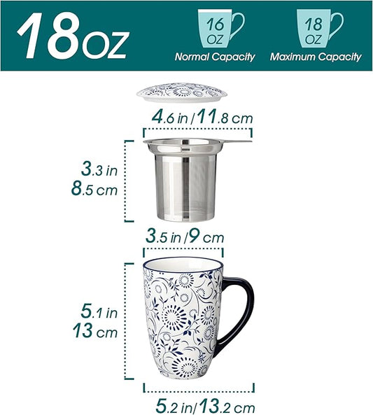 vancasso SELENE Porcelain Tea Mug, 18 oz Porcelain Tea Cup with Infuser and Lid Steeps Loose Leaf Tea, Microwave & Dishwasher Safe, Floral Bloom