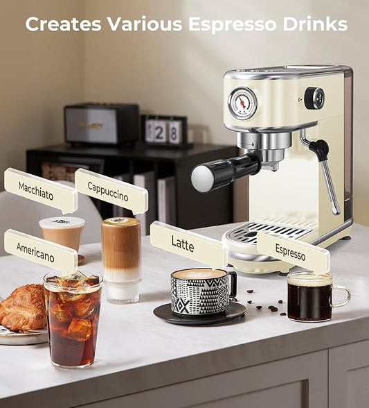 20 Bar Espresso Machine with Milk Frother, Compact Espresso Maker, Stainless Steel Coffee Machine with Precise Temp Control & 44oz Removable Water Tank for Latte, Cappuccino, Creamy White
