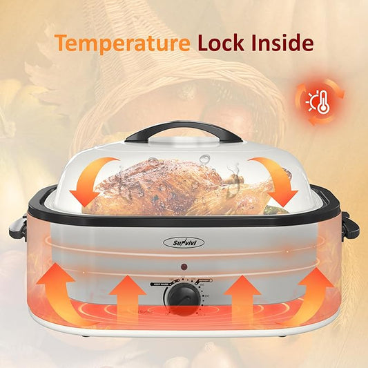 Sunvivi Electric Roaster,18 Quart Roasting Oven with Self-Basting Lid Removable Pan,Turkey Roaster Oven with 150 to 450F Temperature Control Cool-Touch Handles,White