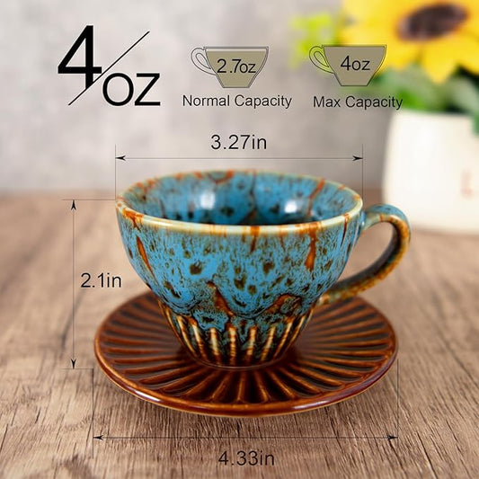 YINUOWEI 4 oz Espresso Cups Set of 2, Ceramic Cappuccino Cups with Saucers, Durable Porcelain Tea Set & Modern Coffee Cup Collection, Coffee Lover Gifts, Glazed Blue