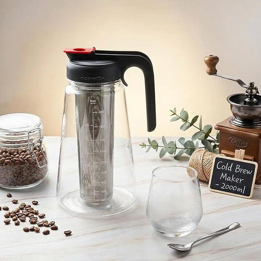ECORELAX Cold Brew Coffee Maker,High Transparency Borosilicate Glass Container with Stainless Steel Filter, Iced Tea Pitcher with Lid,Modern Style, Ergonomic Handle,Spill-proof Lid ((Black 64oz)