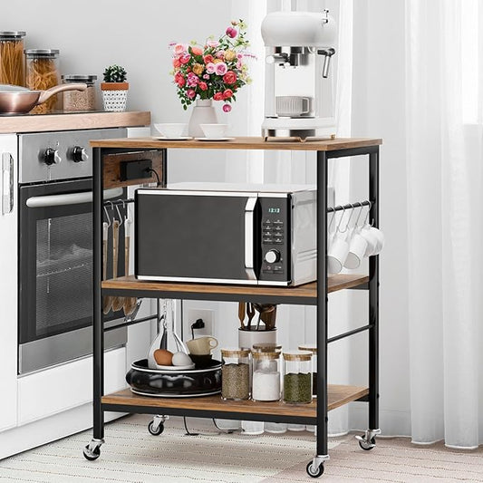 ETELI Bakers Rack with Power Outlet Microwave Stand Cart with Storage Coffee Station Table Cart on Wheels for Kitchen Living Room Bedroom, Rustic Brown
