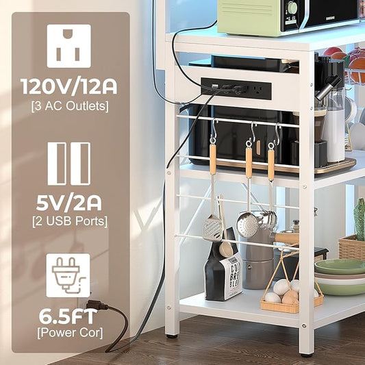 Aheaplus Bakers Rack with Power Outlet and LED light strings, Microwave Oven Stand Kitchen Storage Shelf with Wire Basket, Coffee Bar Station Island table with 10 hooks for Spices, Pots, Pans, White