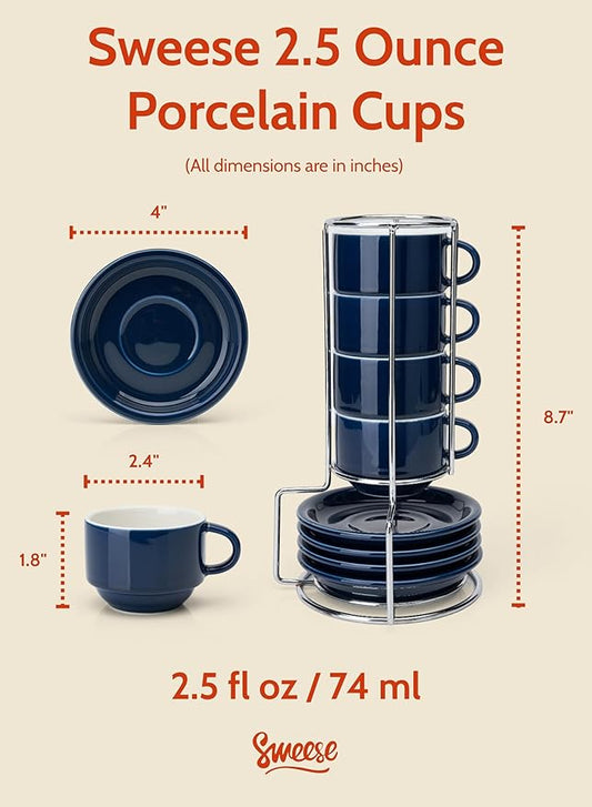 Sweese 2.5 Ounce Porcelain Stackable Espresso Cups with Saucers and Metal Stand Set of 4, Navy