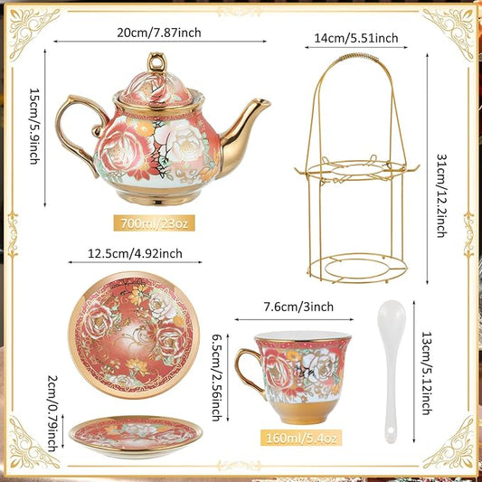 Zhehao 20 Pcs Porcelain Tea Set with Metal Holder and Spoon Adult Ceramic Tea Set European Flower Painting Teapot Cup Saucer Spoon for Women, Large Version(Noble Style)