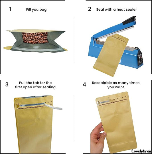 Premium Kraft Coffee Bags with One-Way Degassing Valve - 100 Pack, 16oz | Eco-Friendly & Strong Sealable Pouches for Optimal Freshness | Ideal for Coffee, Tea, Snacks & More