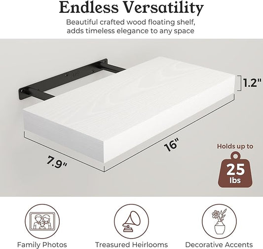 Floating Shelves for Wall, 7.9" Deep Wall Mounted Wood Shelves for Bathroom, Bedroom, Living Room, Kitchen, Hanging Shelf for Books/Storage/Room Decor (White, 16")
