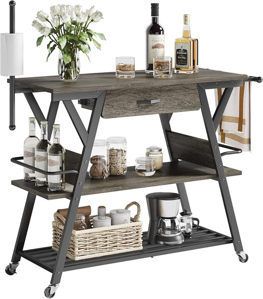 Bestier Coffee Cart Station, 48" W Coffee Bar Table with Storage Drawer, Mobile Kitchen Island on Lockable Wheels, Coffee Bar Cart with Paper & Towel Holder for Dinning Room Living Room, Gray