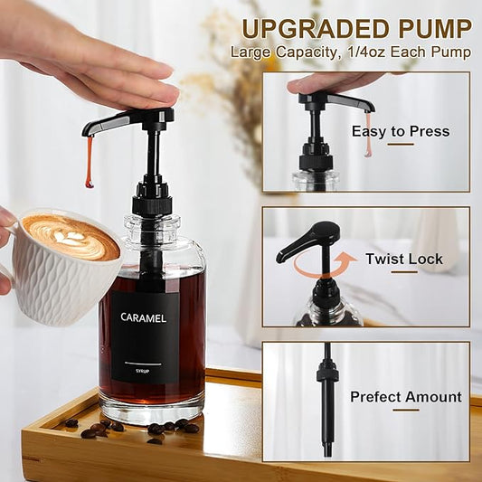 Coffee Syrup Dispenser for Coffee Bar, Glass Syrup Dispenser with 1/4oz Large Capacity Pump, Coffee Syrup Pump Dispenser for Coffee Station, 16.9 fl oz Maple Syrup Bottles for Coffee Bar Organizer
