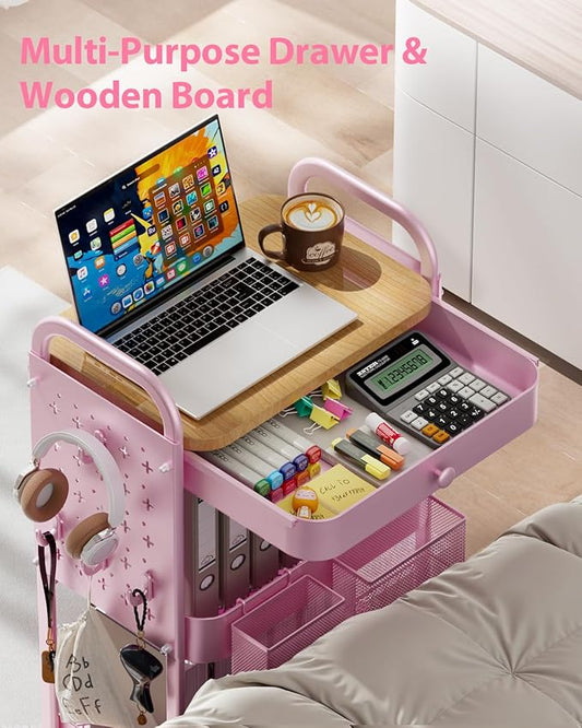 ALVOROG Rolling Cart with Drawer and Wood Table Top, 3 Tier Metal Rolling Utility Cart on Wheels with DIY Pegboards, Hanging Baskets,Hooks for Kitchen, Bedroom, Office, Craft Supplies
