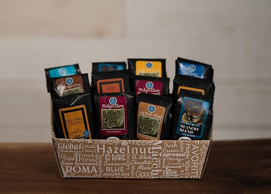 Coffee Beanery Indulgent Decaf Coffee Gift Basket - Swiss Water Process Decaf - 100% Specialty Arabica Coffee - (12) Flavored Coffee Samplers
