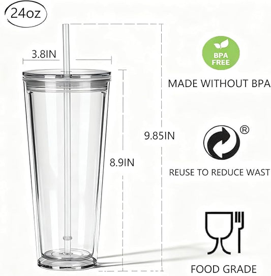 24oz Tumbler with Lid and Straw, Leak Proof and Double Wall Insulated Reusable Plastic Cups,Travel Reusable Iced Coffee Cup (2, Transparent)