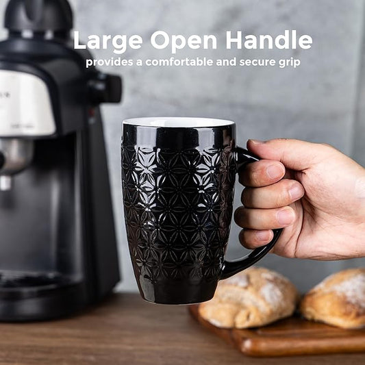 AmorArc Large Coffee Mugs Set of 6, 16oz Ceramic Tall Coffee Mugs Set with Textured Geometric Patterns for Coffee/Tea/Beer/Hot Cocoa, Dishwasher & Microwave Safe, Black